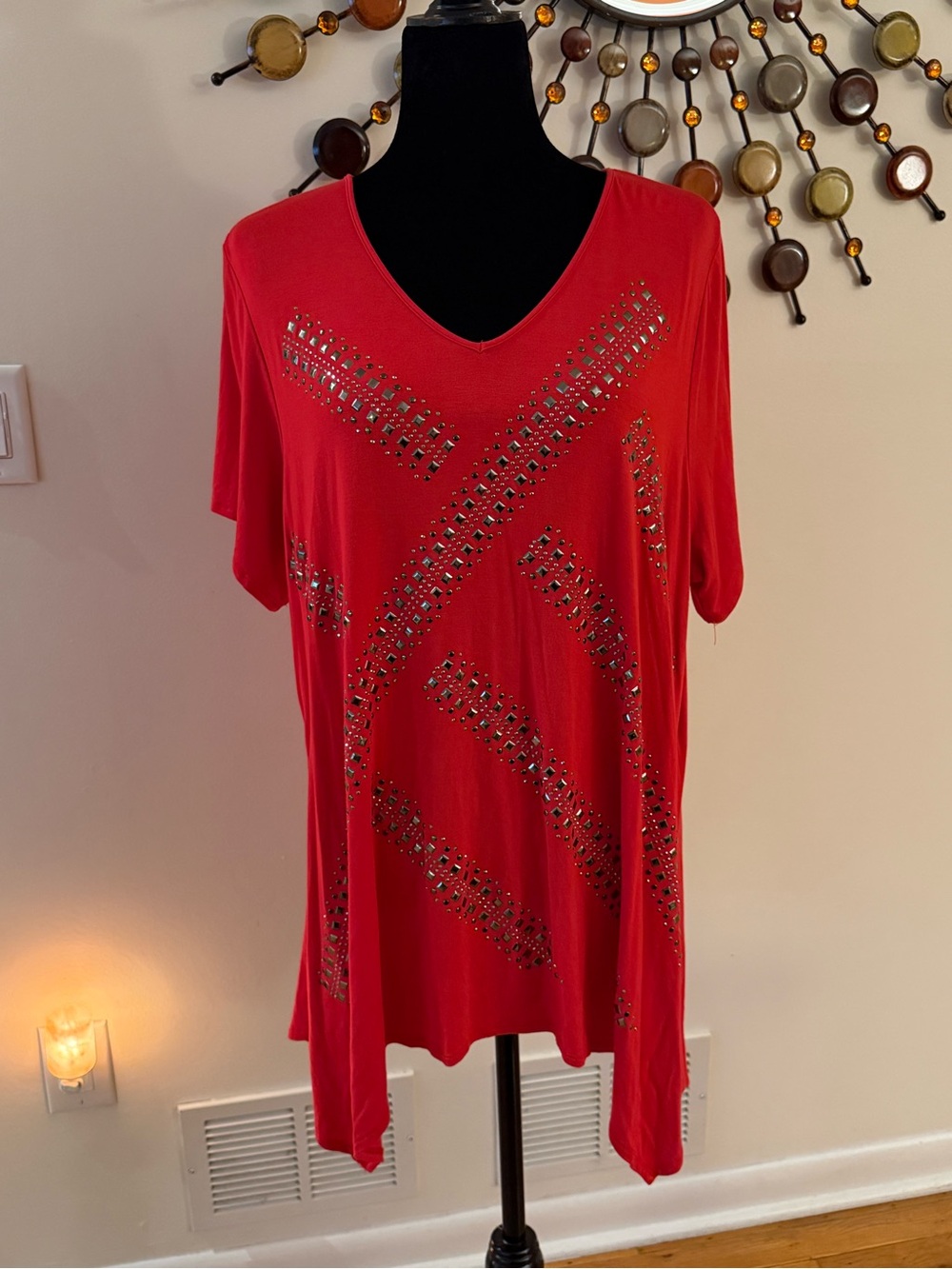 Women's Red V-Neck Studded Tunic Top NWT